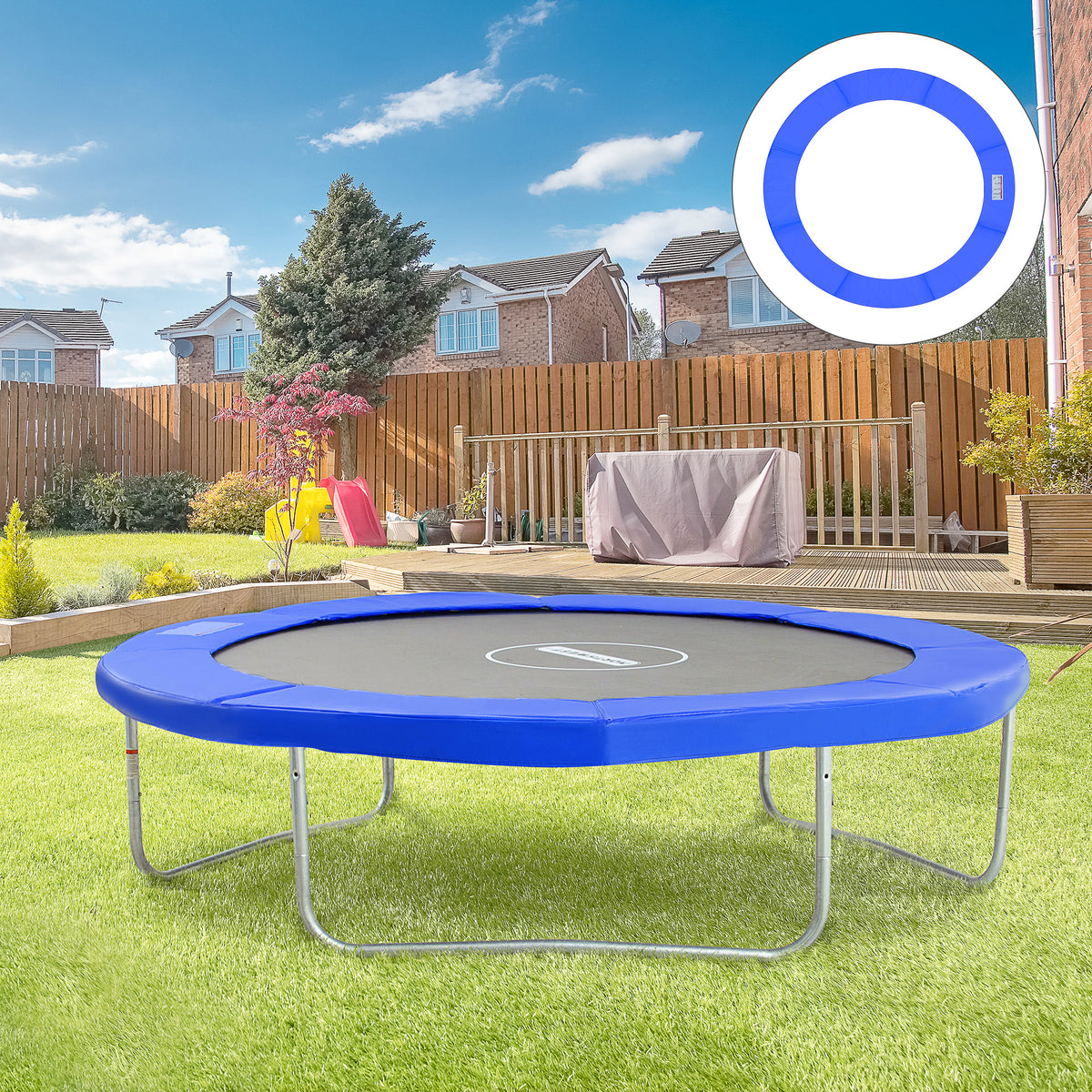 Copertura Imbottita Bordo Trampolino, Protezione per Tappeto Elastico Giaridno in Plastica, 244cm, Nessun Foro per Palo, Blu