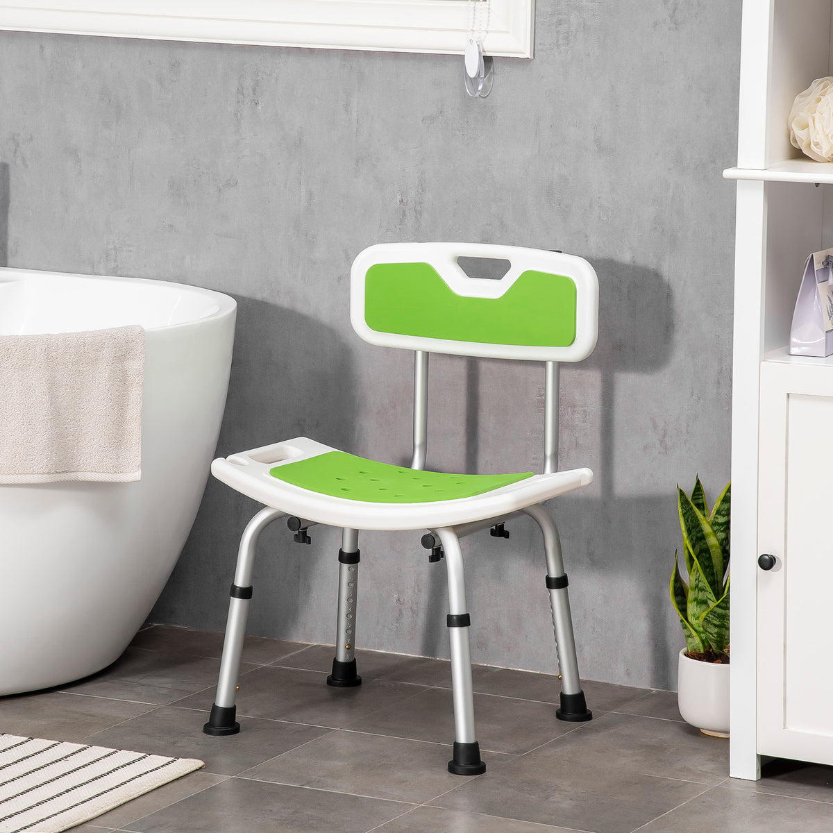 Sedia per Doccia in Alluminio ed EVA con Altezza Regolabile su 6 Livelli e Schienale Ricurvo, 51.5x49.5x68.5-81 cm
