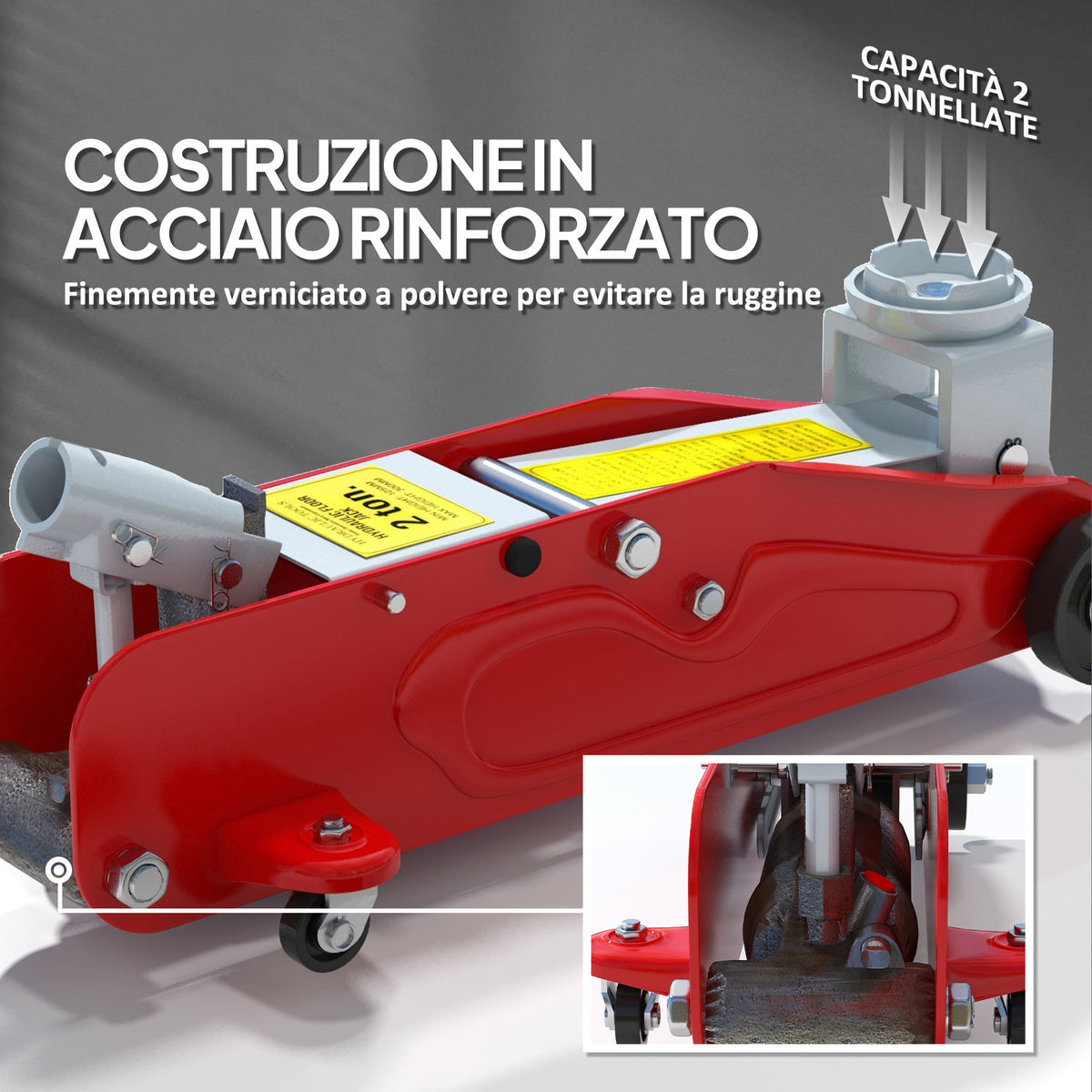 Cric Idraulico con Sollevamento 12-30 cm e Capacità 2 Tonnellate, in Acciaio Rinforzato, Rosso e Grigio