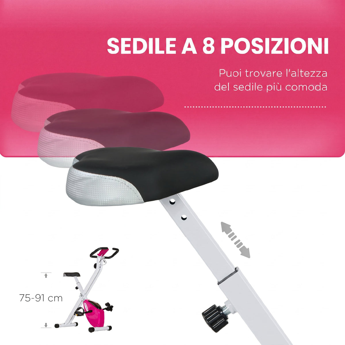 Cyclette Pieghevole Magnetica a 8 Livelli con Display LCD, Rotelle e Sellino Regolabile, Rosa e Bianco