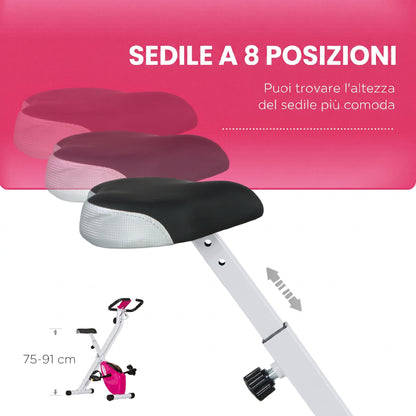 Cyclette Pieghevole Magnetica a 8 Livelli con Display LCD, Rotelle e Sellino Regolabile, Rosa e Bianco