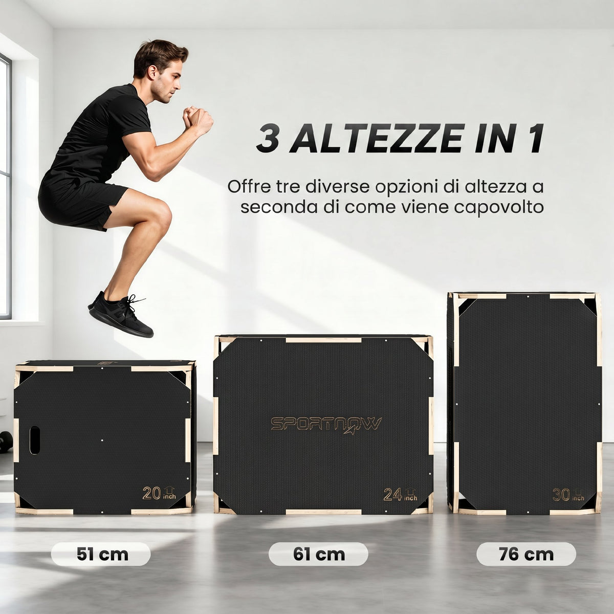 Plyo Box in Legno 3 in 1, Box Pliometrico per Salti Antiscivolo con Maniglie per Allenamento in Casa Palestra, 76x61x51 cm, Nero