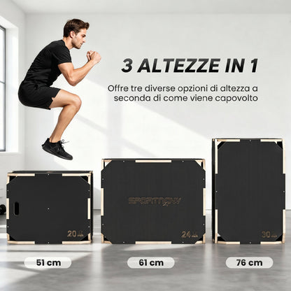 Plyo Box in Legno 3 in 1, Box Pliometrico per Salti Antiscivolo con Maniglie per Allenamento in Casa Palestra, 76x61x51 cm, Nero