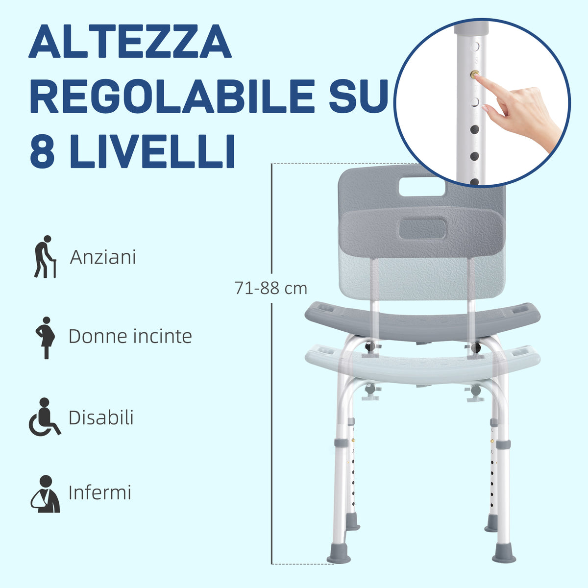 Sedia da Doccia per Bagno in Alluminio e Plastica Altezza Regolabile 8 Livelli 71-88cm Piedini Antiscivolo