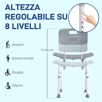 Sedia da Doccia per Bagno in Alluminio e Plastica Altezza Regolabile 8 Livelli 71-88cm Piedini Antiscivolo