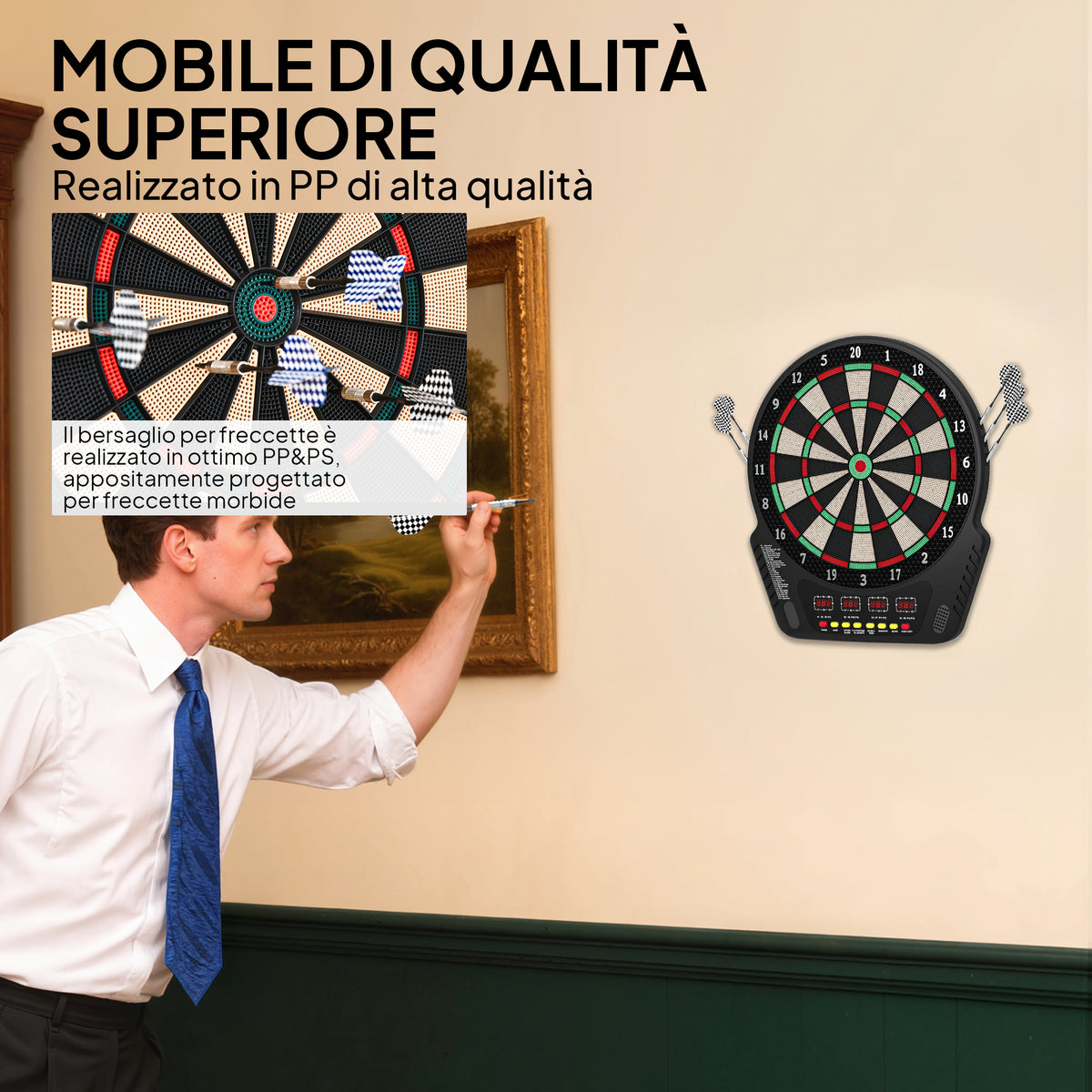 Bersaglio Freccette con 6 Freccette, Alimentatore, 4 Display LED e 27 Giochi, in ABS e PP, 44x51.5x3.2 cm, Nero