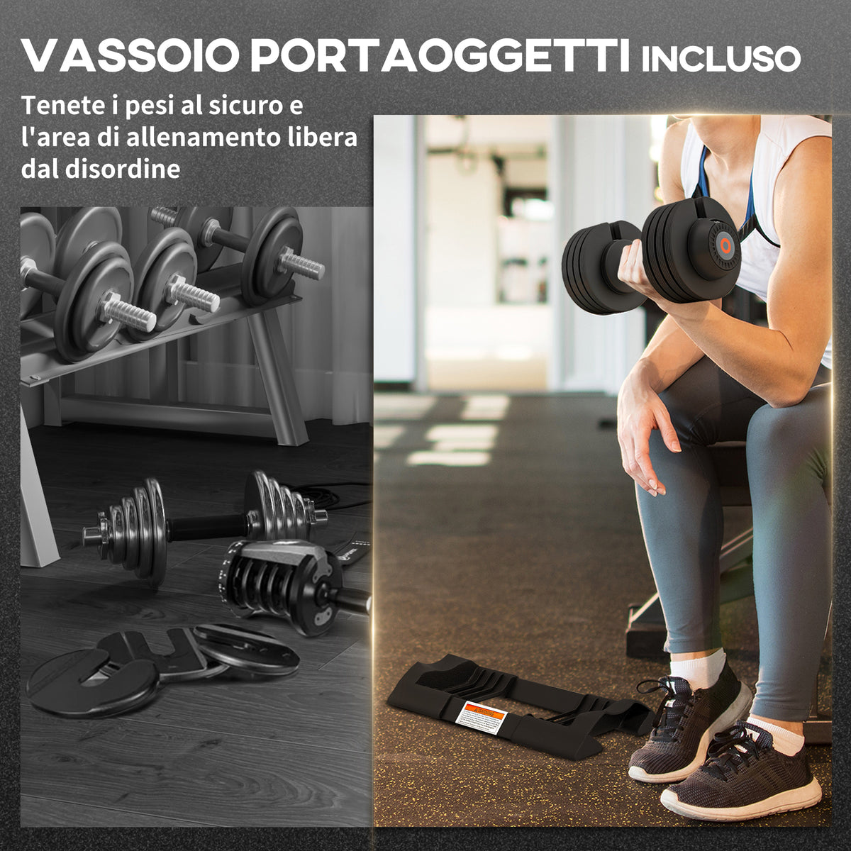 Kit Pesi Regolabili con Porta Manubri e Impugnatura Antiscivolo, in Acciaio e ABS, 33x16x16 cm, Nero