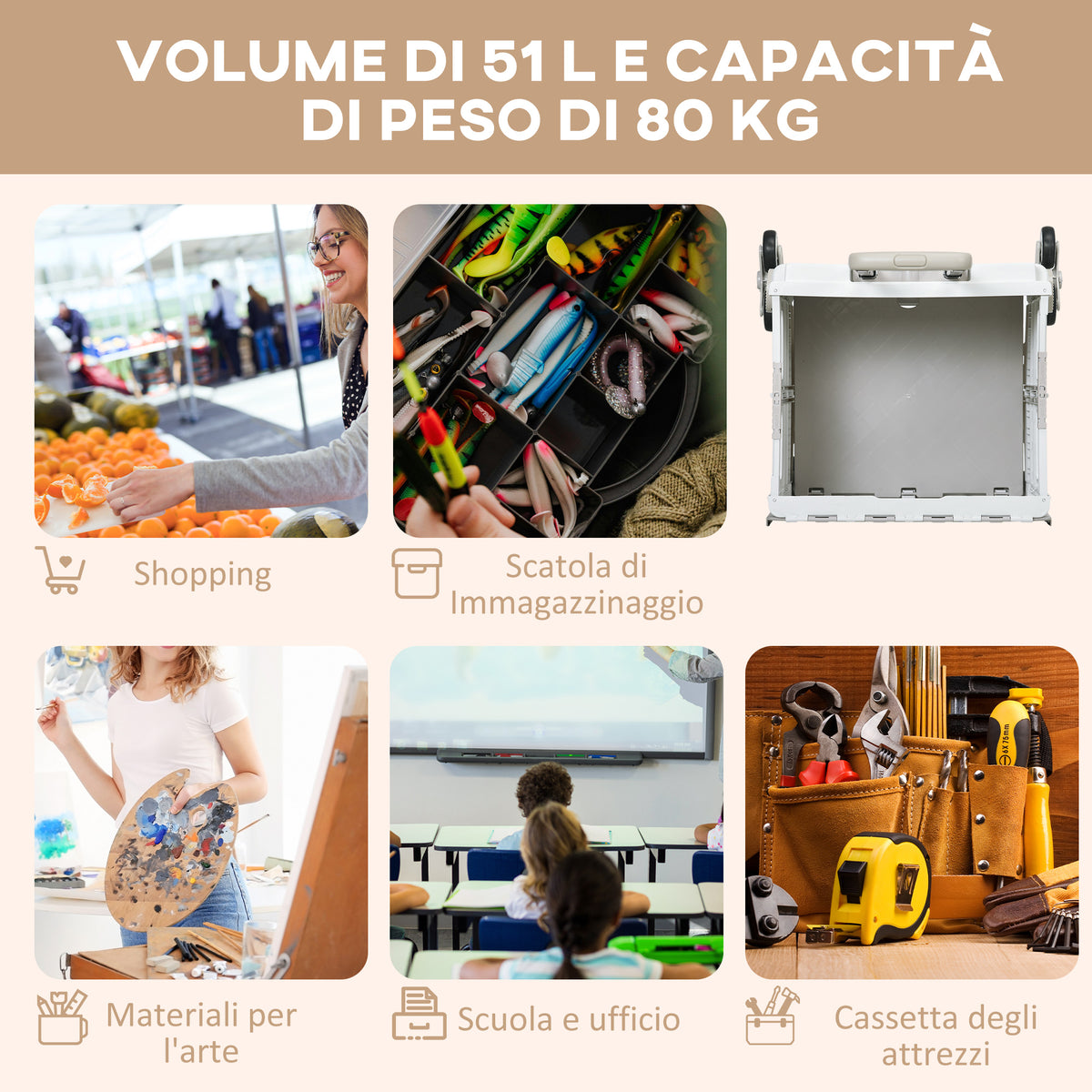 Carrello Spesa Pieghevole, Carrello in Alluminio, Ruote per Scale, Bianco