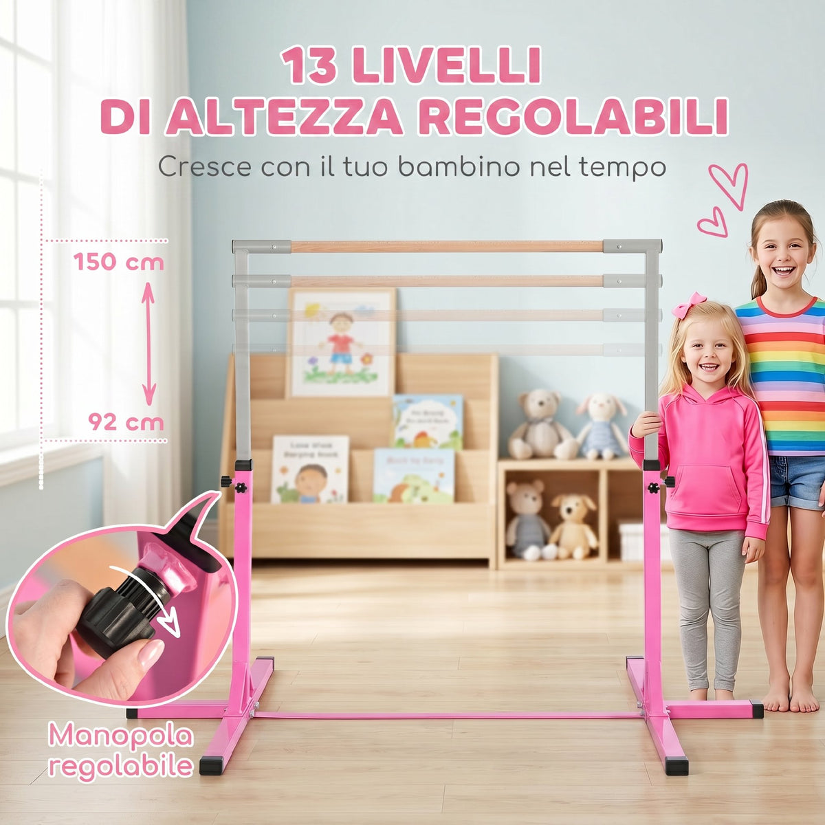 Barra da Ginnastica Artistica per Bambini 3+ Anni con Altezza Regolabile 92-150 cm, in Acciaio e Legno Massello di Faggio, Sbarra Orizzontali Danza Attrezzatura Palestra Antiscivolo, Rosa