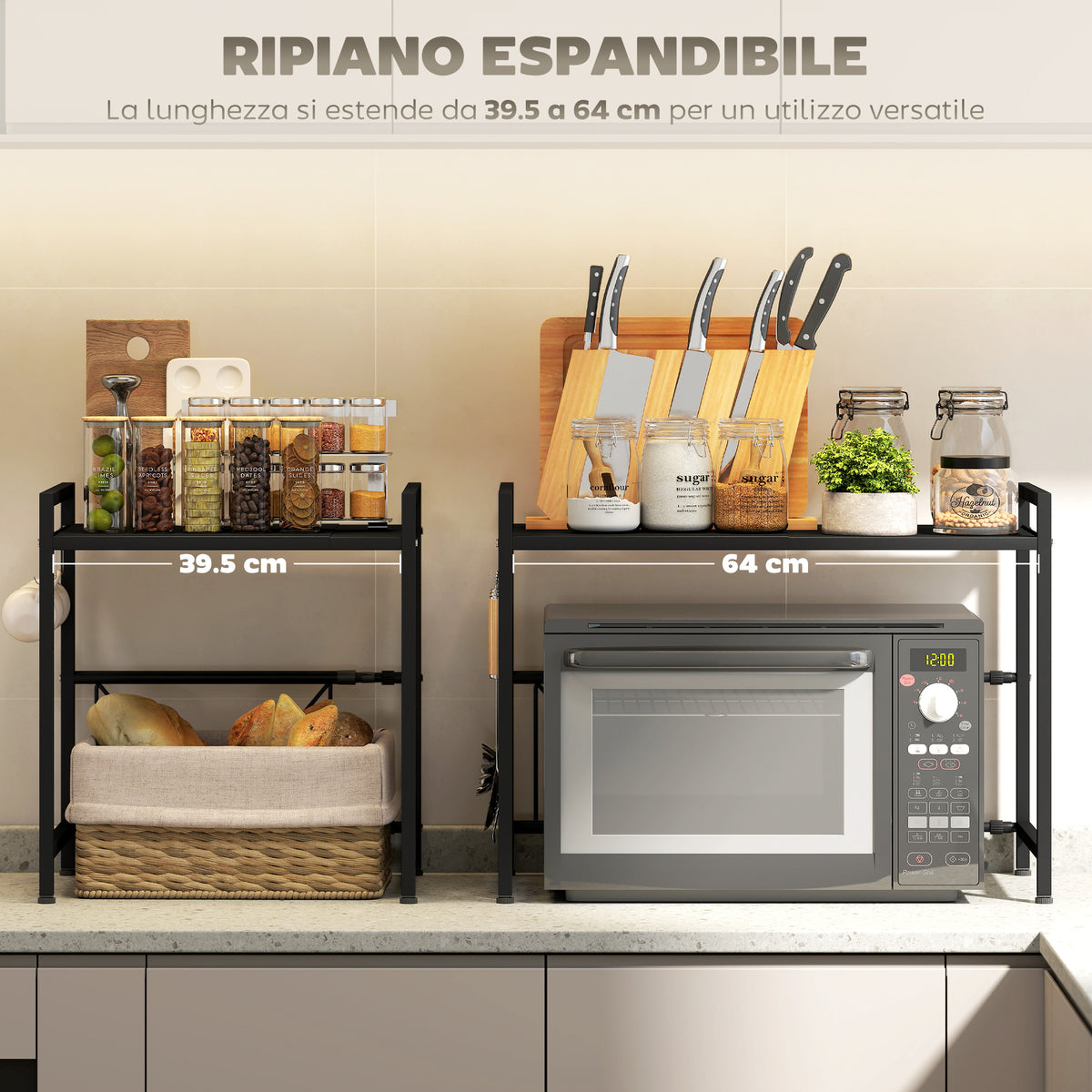 Porta Microonde Estensibile a 2 Livelli con 3 Ganci, in Metallo, 39.5-64x32x47.5 cm, Nero