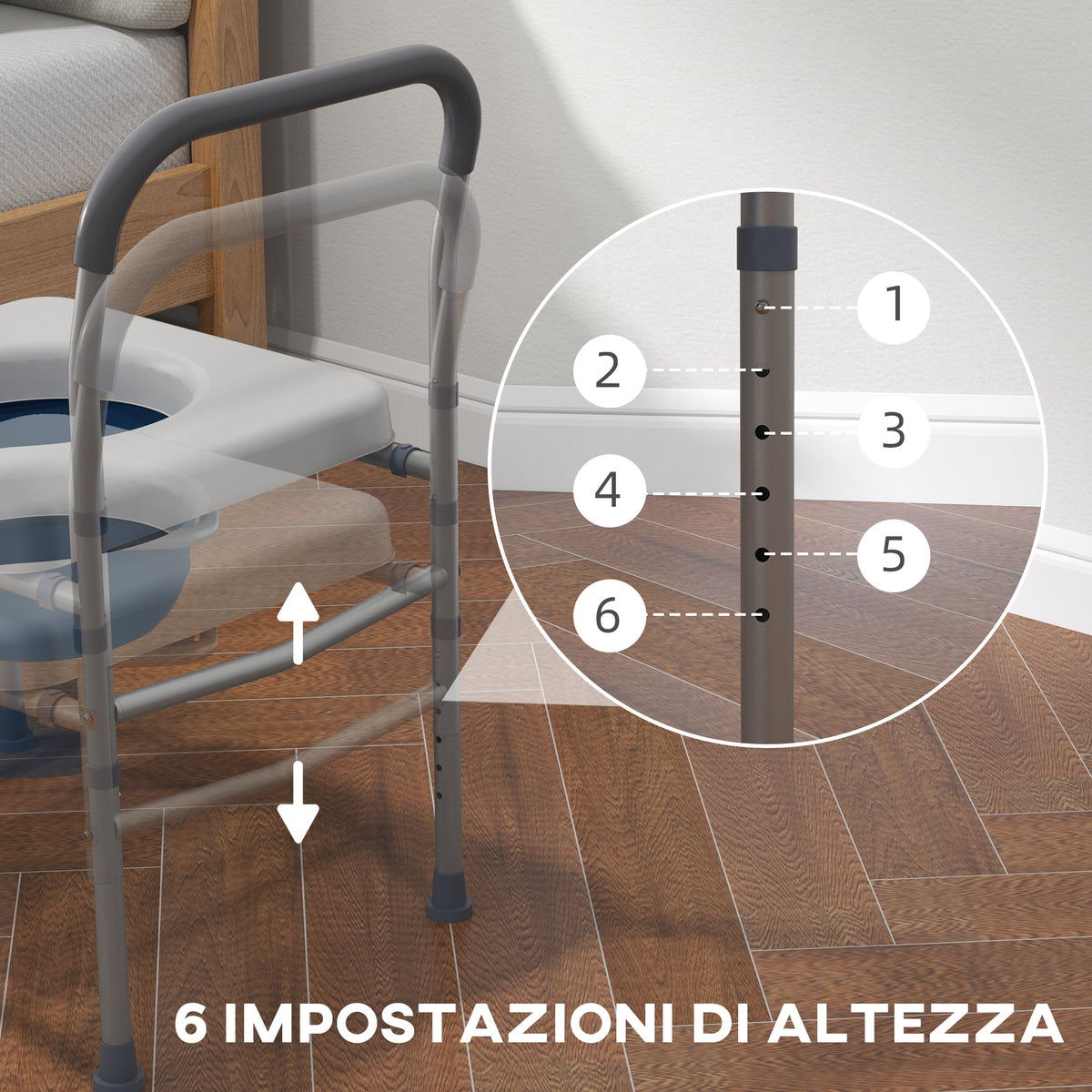 Sedia Comoda WC per Anziani e Disabili 4 in 1 Regolabile in Altezza con Braccioli Imbottiti, Grigio