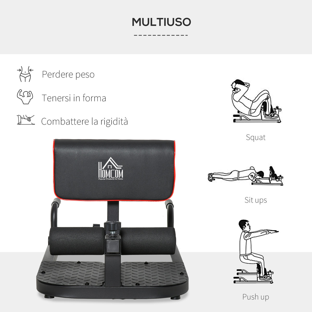 Macchina Squat 3 in 1, Macchina per Deep Sissy Squat Sit Up Push Up Regolabile Acciaio, Multifunzione, per Fitness, Allenamento, Leg Press, Addominali e Flessioni, Nero