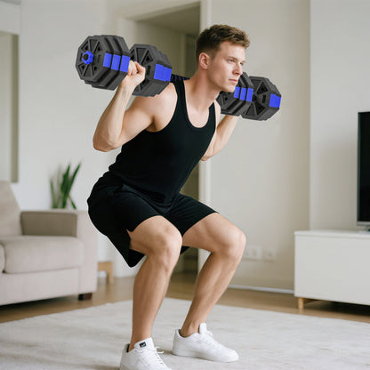 Set Pesi da Palestra 6 in 1 in Plastica e Sabbia Utilizzabile come Kettlebell Manubri Bilanciere Supporto Blu