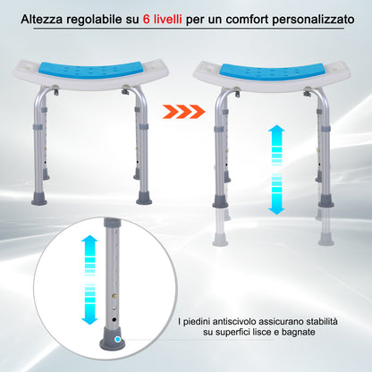 Sgabello per Doccia da Bagno in Lega di Alluminio e Plastica Antiscivolo, Sgabello Bagno con Altezza Regolabile 6 Livelli 39-52cm, Blu