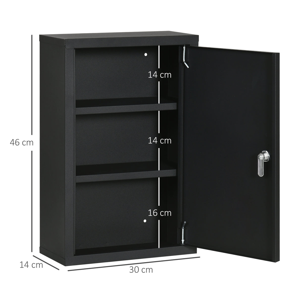 Armadietto Medicinali con 3 Mensole e Blocco con Chiavi in Acciaio, 30x14x46cm, Nero