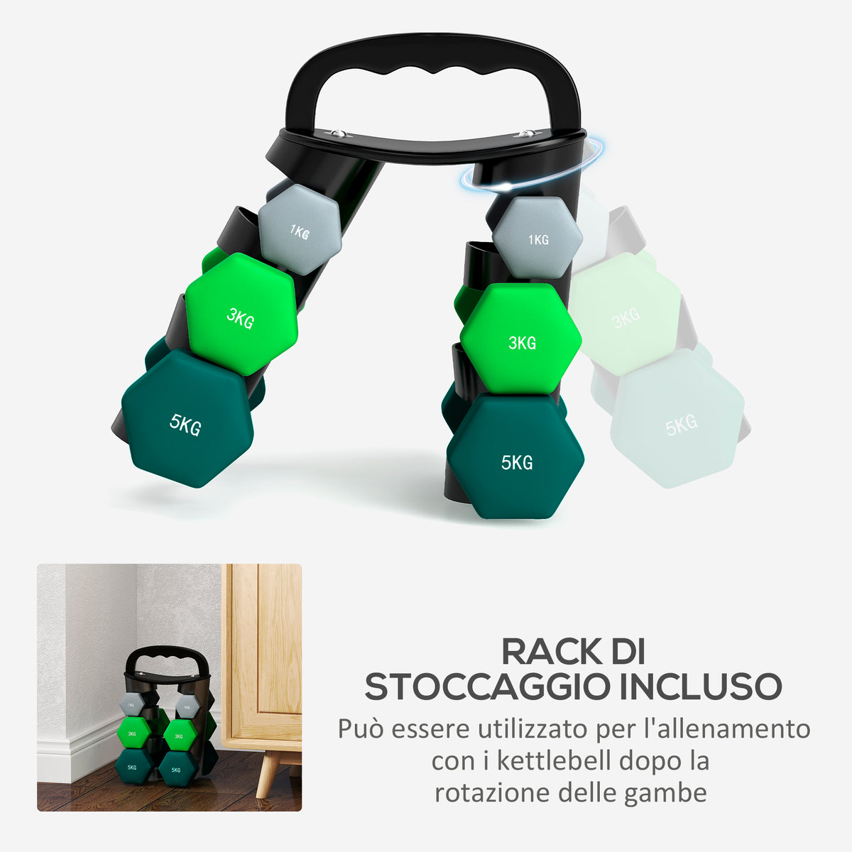 Set Manubri con Supporto, 3 Coppie di Pesi da 2 x 1 kg, 2 x 3 kg, 2 x 5 kg, Multicolore