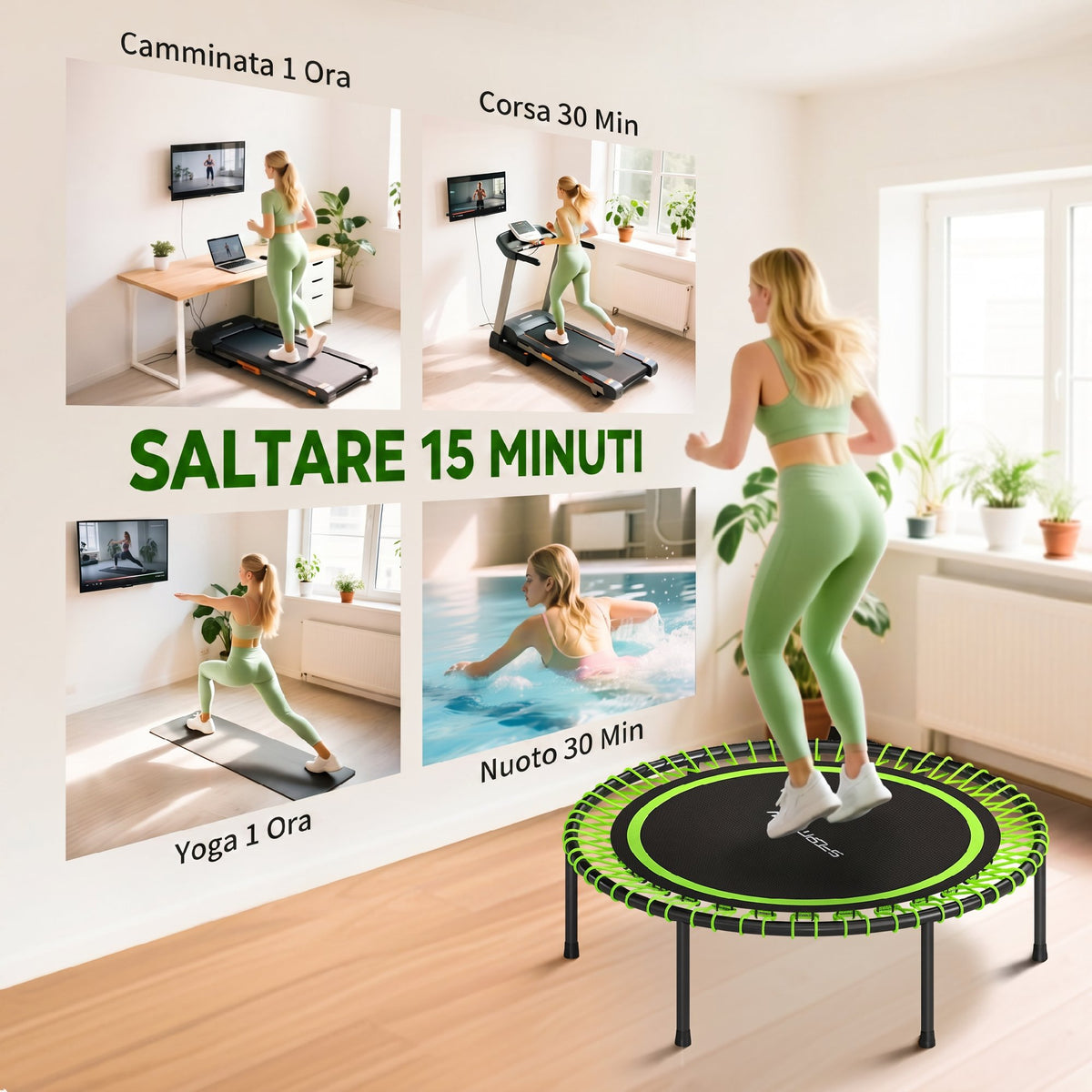 Trampolino Elastico Fitness a 36 Corde in Acciaio e PP, 114x31 cm, Verde