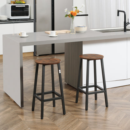 Set 2 Sgabelli da Cucina in Truciolato e Acciaio con Piano Liscio e Poggiapiedi, 32.5x32.5x65 cm, Marrone