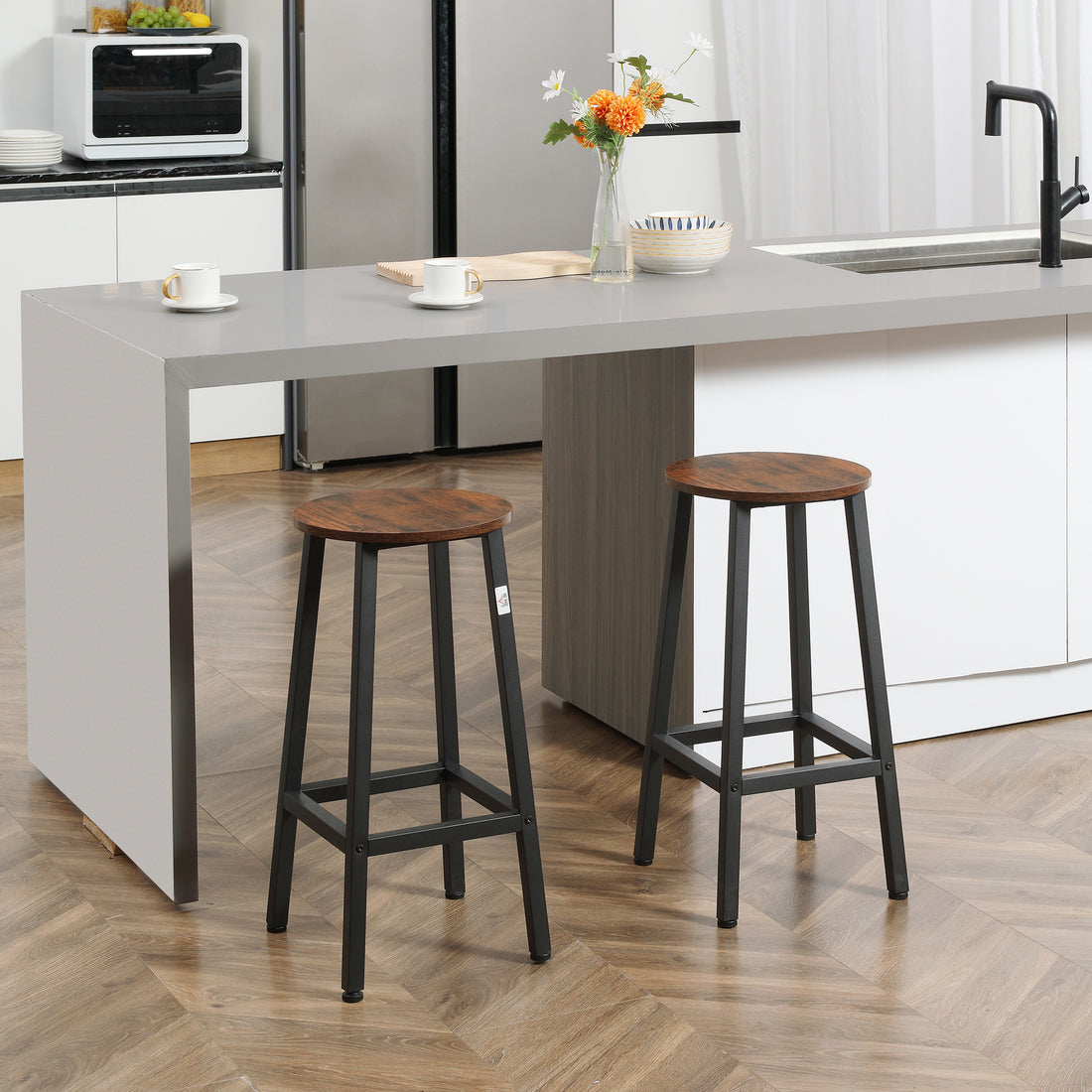 Set 2 Sgabelli da Cucina in Truciolato e Acciaio con Piano Liscio e Poggiapiedi, 32.5x32.5x65 cm, Marrone
