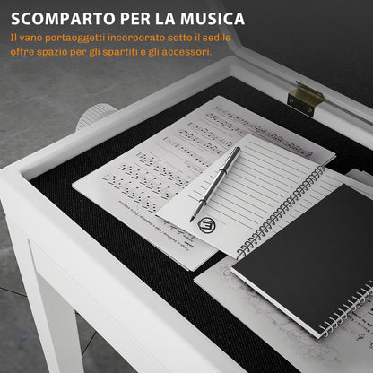 Sgabello Pianoforte Regolabile con Vano Portaoggetti e Seduta Imbottita, 54.5x33x48-58 cm, Bianco