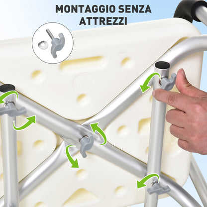 Sedia da Doccia in HDPE a 6 Altezze Regolabili con Schienale e Braccioli, 47x50x74-87 cm, Bianco e Argento