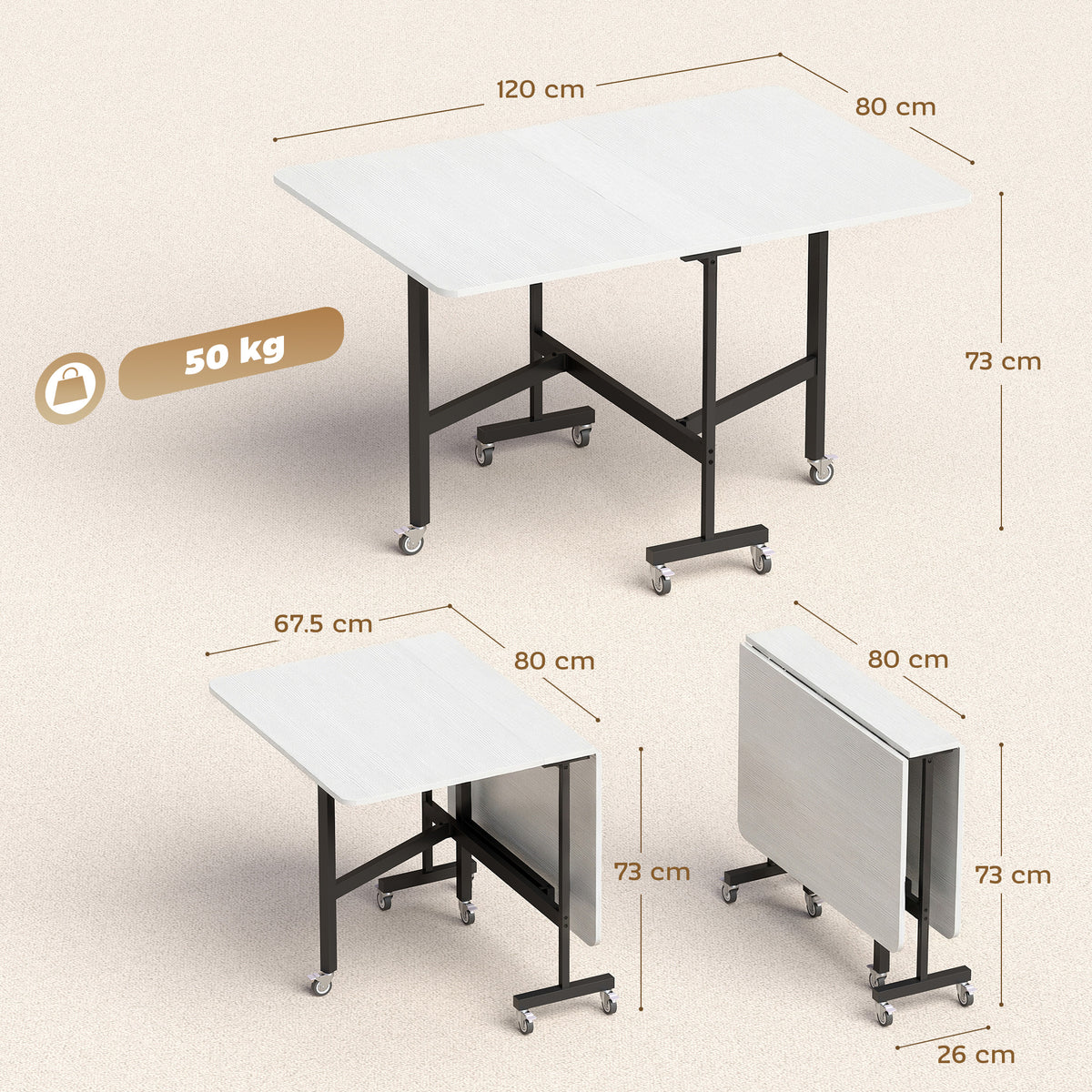 Tavolo Pieghevole per 4-6 Persone con 2 Ribalte e Ruote con Freno, 120x80x73 cm, Bianco Legno