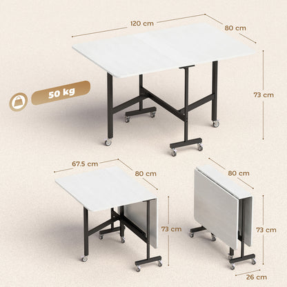 Tavolo Pieghevole per 4-6 Persone con 2 Ribalte e Ruote con Freno, 120x80x73 cm, Bianco Legno