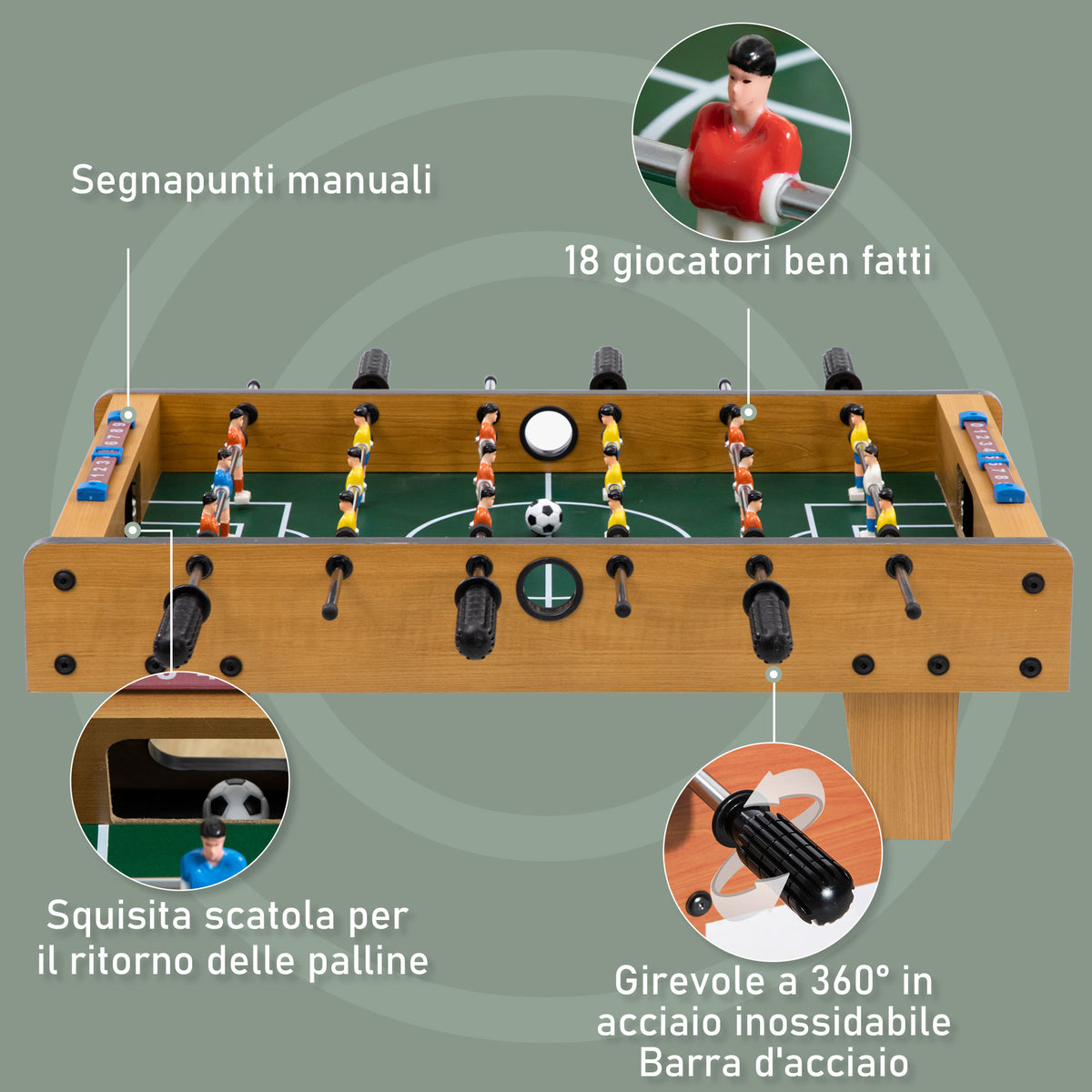 Calcio Balilla Pieghevole per Adulti e Bambini con 2 Palline e Segnapunti, in Legno, 69x36.5x22 cm, color Legno
