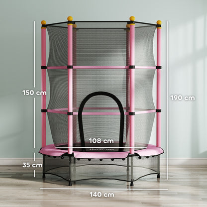 Tappeto Elastico per Bambini con Rete di Sicurezza e Pali Imbottiti Età 3-10 Anni, 140 x 190 cm, Rosa