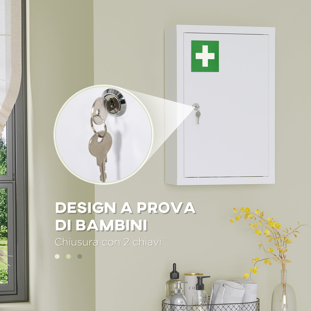 Armadietto Medicinali a 3 Ripiani in Acciaio Inox con 2 Chiavi e Montaggio a Parete, 30x14x46 cm, Bianco