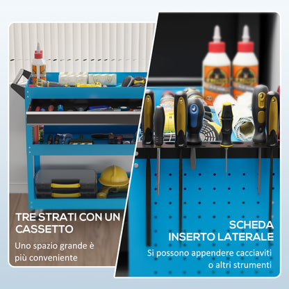 Carrello Porta Attrezzi con Manico Laterale, Cassetto e 3 Ripiani in Acciaio, 82x35x76 cm, Blu