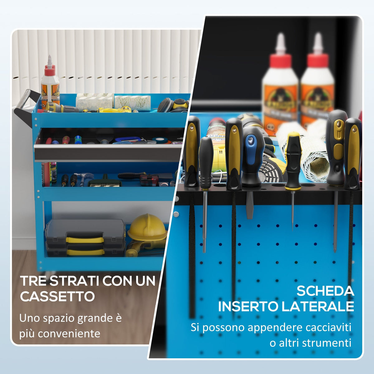 Carrello Porta Attrezzi con Manico Laterale, Cassetto e 3 Ripiani in Acciaio, 82x35x76 cm, Blu