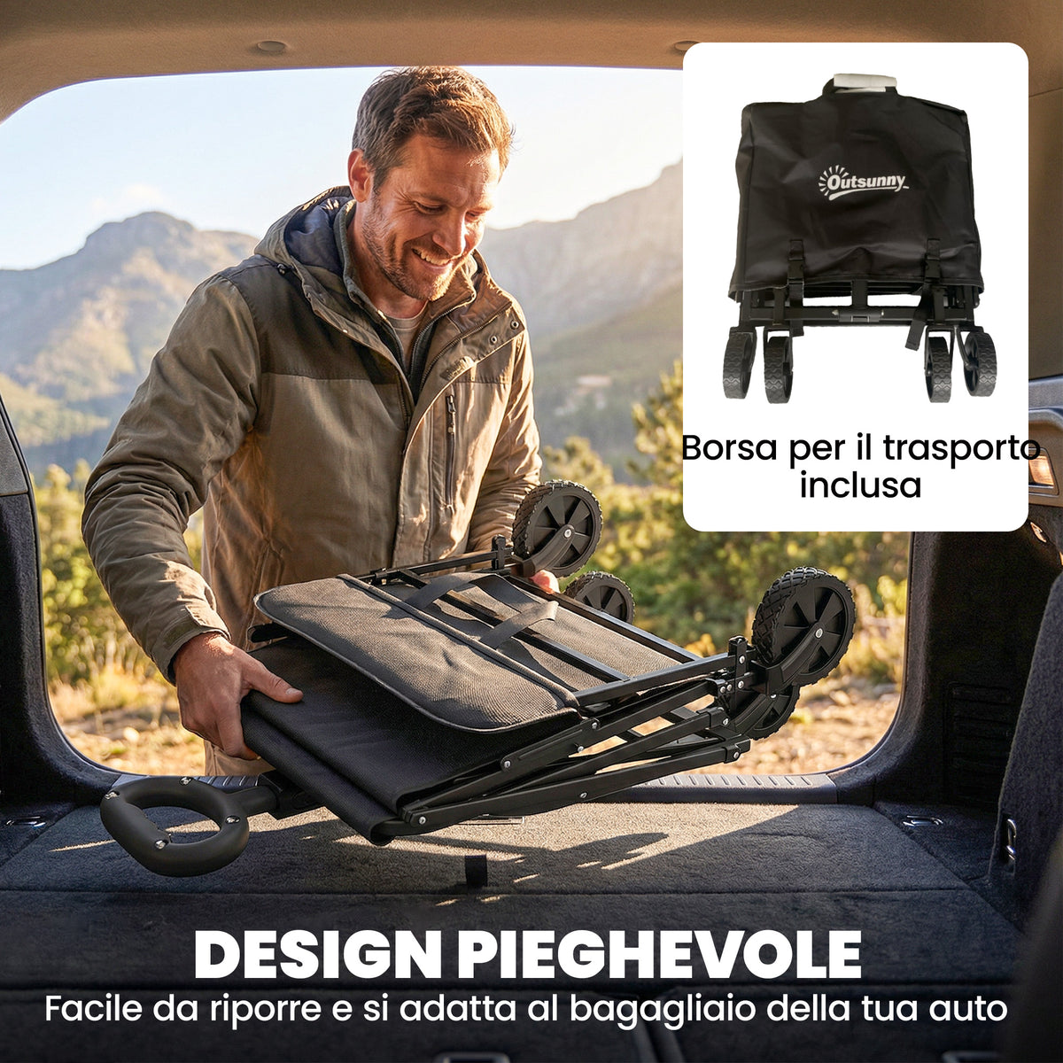 Carrello da Giardino 72L Pieghevole con Manico Regolabile, in Acciaio e Tessuto Oxford, 114x46x92 cm, Nero