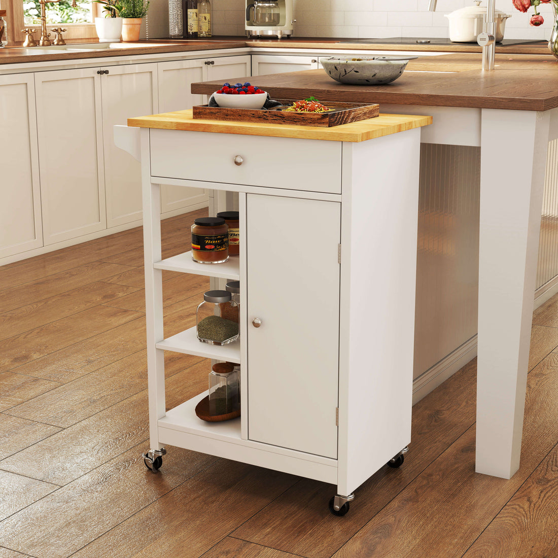 Carrello da Cucina Salvaspazio in MDF con Piano di Lavoro in Legno di Gomma, Cassetto, Armadietto, 3 Mensole, Ripiani Regolabili, Porta Strofinacci e Ruote Girevole, 66x39.5x86.5cm, Bianco