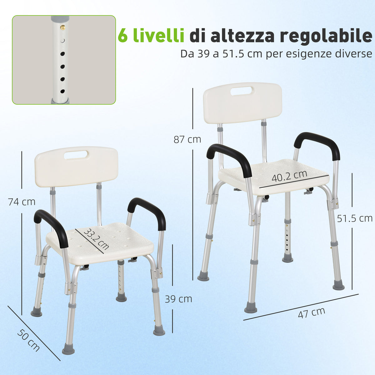 Sedia da Doccia in HDPE a 6 Altezze Regolabili con Schienale e Braccioli, 47x50x74-87 cm, Bianco e Argento
