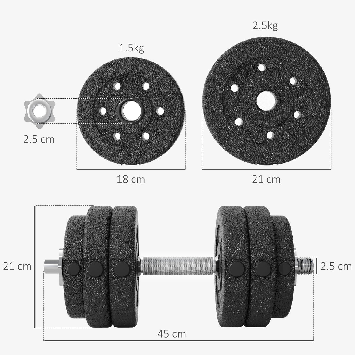 Set Pesi Manubri da 30 kg (8x2.5 kg, 4x1.5 kg) con 12 Dischi e 2 Manubri da 2 kg, 43x18x7.5 cm, Nero