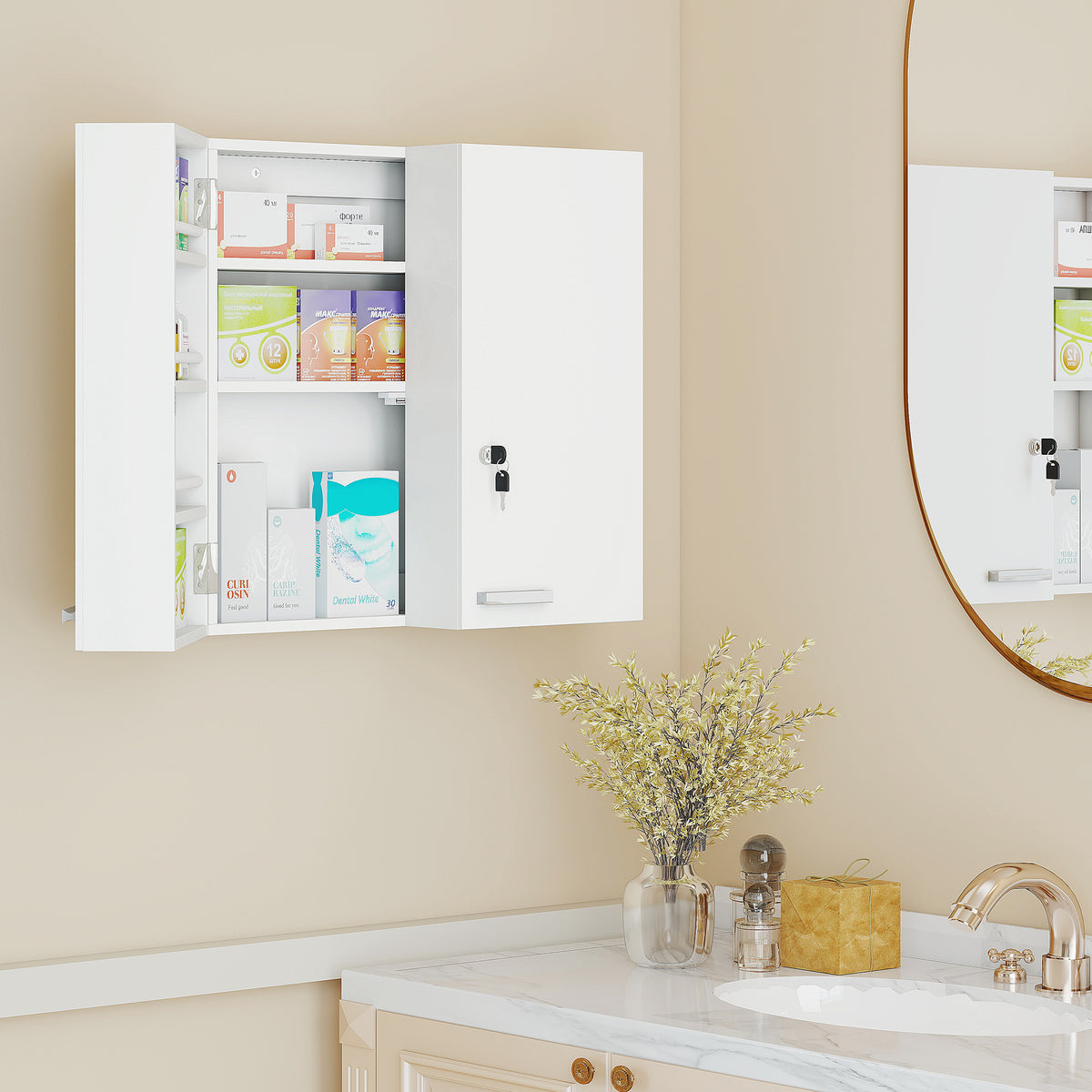 Armadietto Medicinali con 3 Mensole Interne e 8 Portabottiglie, in Legno e Metallo, 53x20x53 cm, Bianco