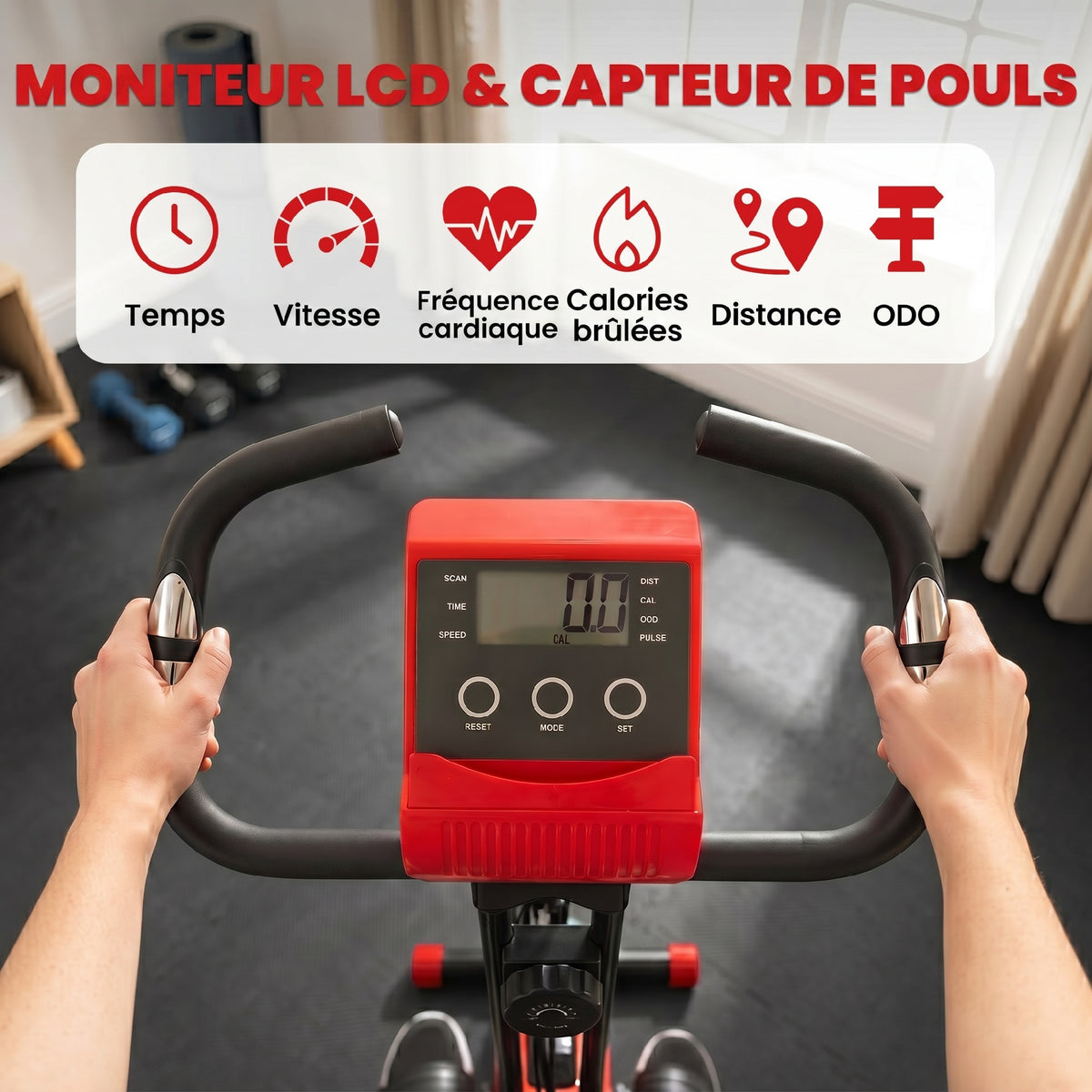 Cyclette Pieghevole 2 in 1, Resistenza Magnetica Regolabile 8 Livelli, Cyclette da Casa Silenziosa con Sensore Cardiaco, Sedile Regolabile, Bande Elastici, Schermo LCD, Ruote, Rosso