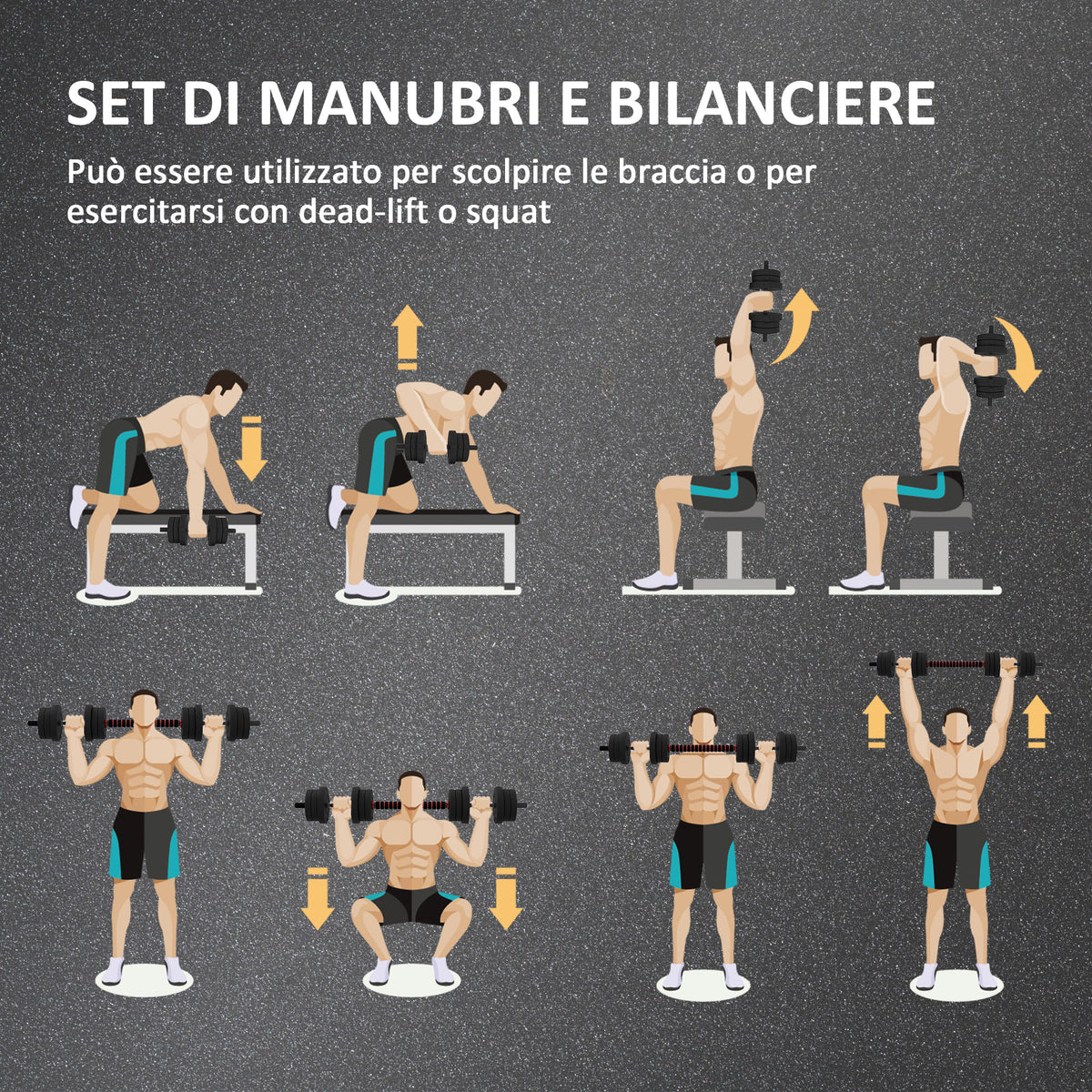 Set 2 Manubri Antiscivolo con 12 Dischi Pesi da 20 kg totali e Connettore, in Acciaio, HDPE e Sabbia, Nero