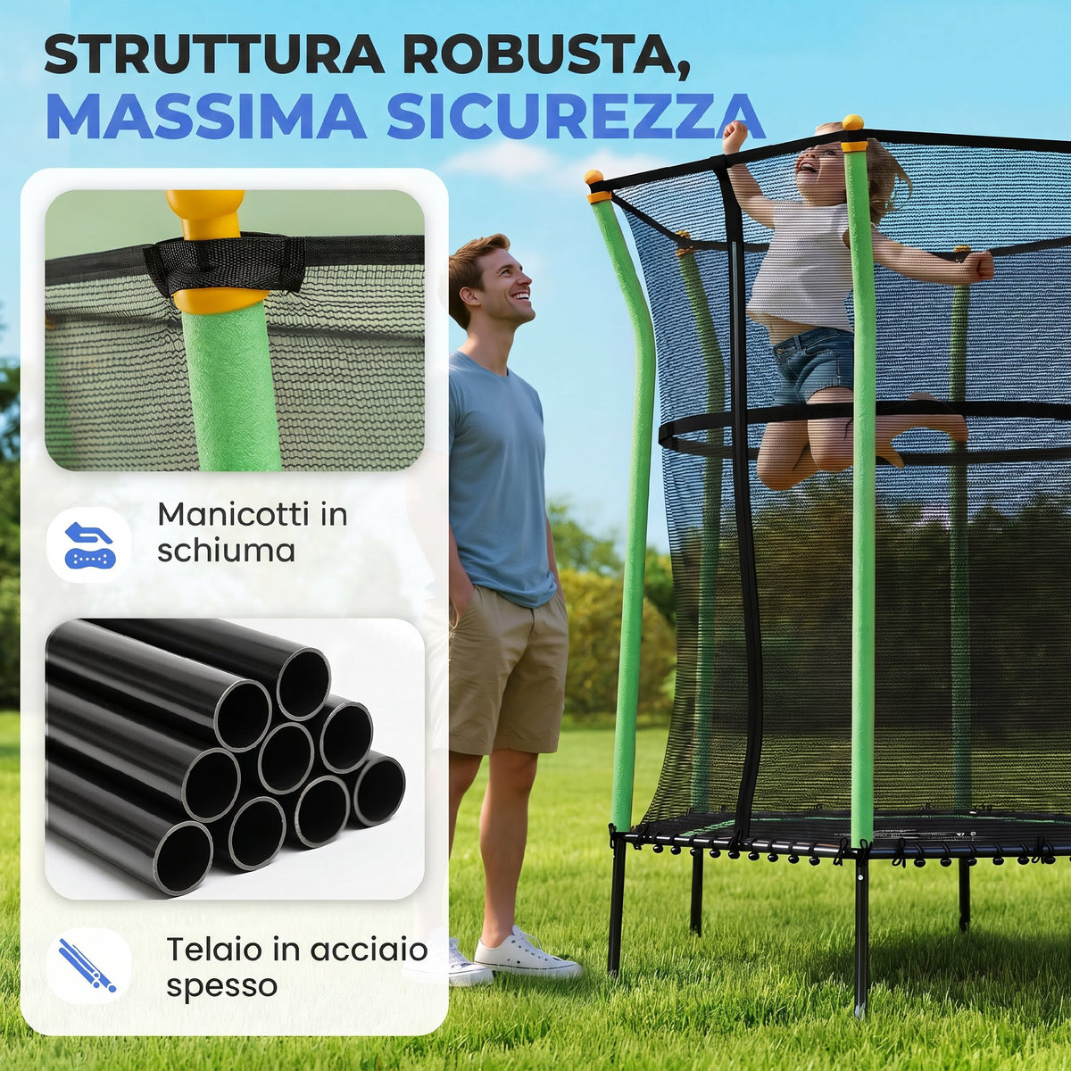 Trampolino Elastico per Bambini 3-10 Anni con Ingresso a Cerniera e Pali Imbottiti, 122x111x190 cm, Verde