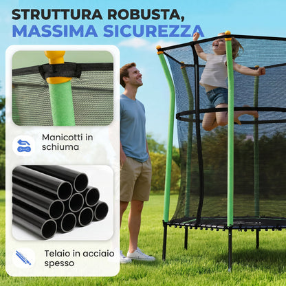 Trampolino Elastico per Bambini 3-10 Anni con Ingresso a Cerniera e Pali Imbottiti, 122x111x190 cm, Verde