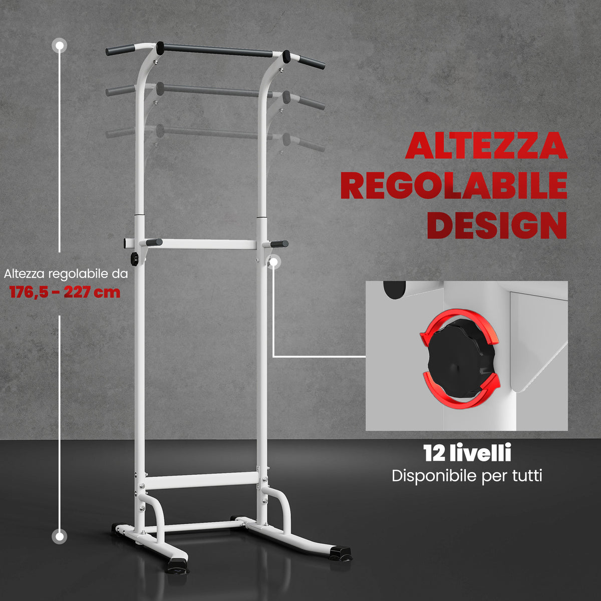 Stazione Fitness con Barre per Dip e Trazioni, Altezza Regolabile 176.5-227 cm e Capacità 120 kg, Bianco