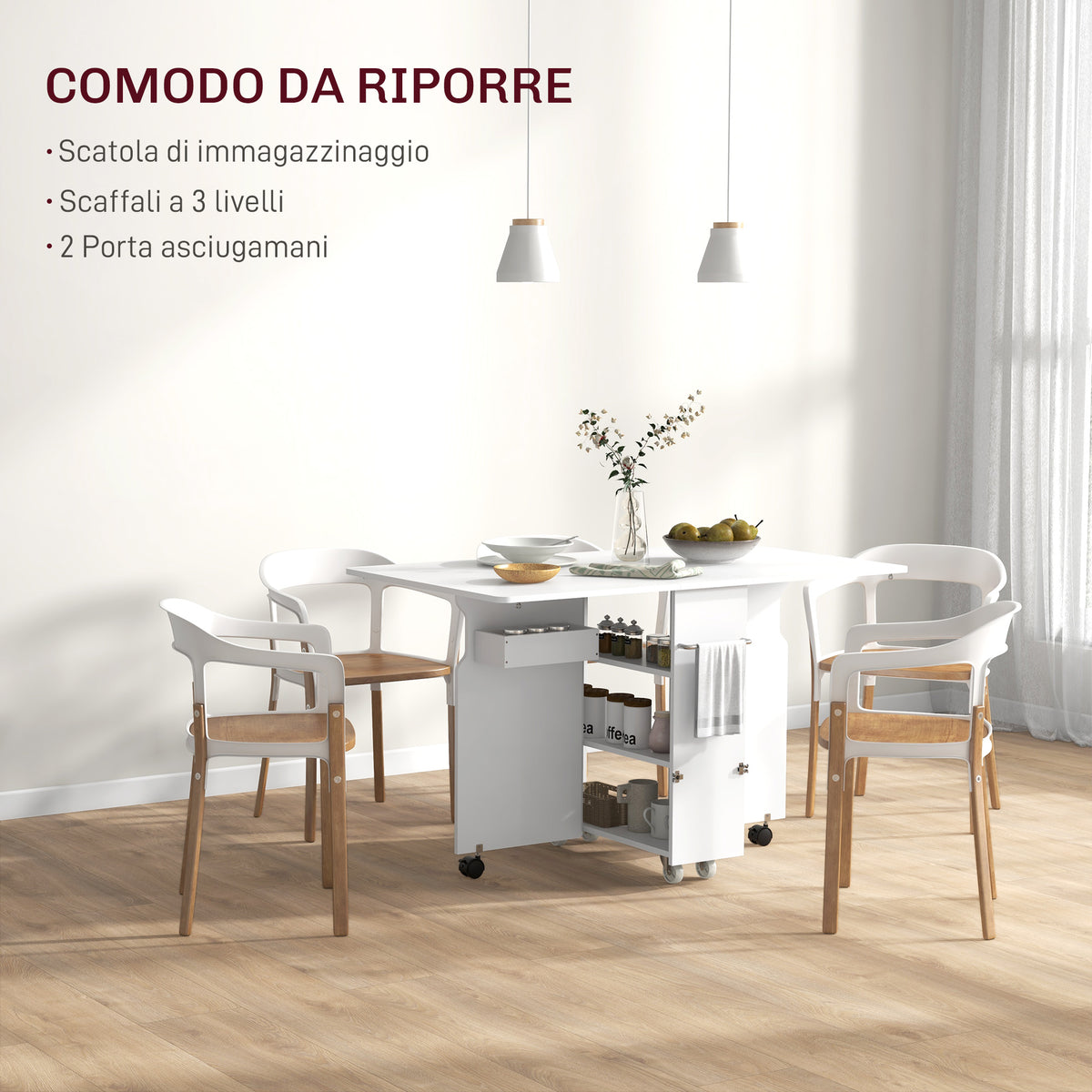 Tavolo a Ribalta Pieghevole con Ripiani a 3 Livelli, Box e Rotelle, in MDF, 130x80x76.5 cm, Bianco
