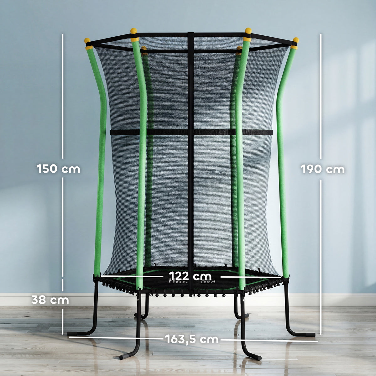Trampolino Elastico per Bambini 3-10 Anni con Ingresso a Cerniera e Pali Imbottiti, 122x111x190 cm, Verde