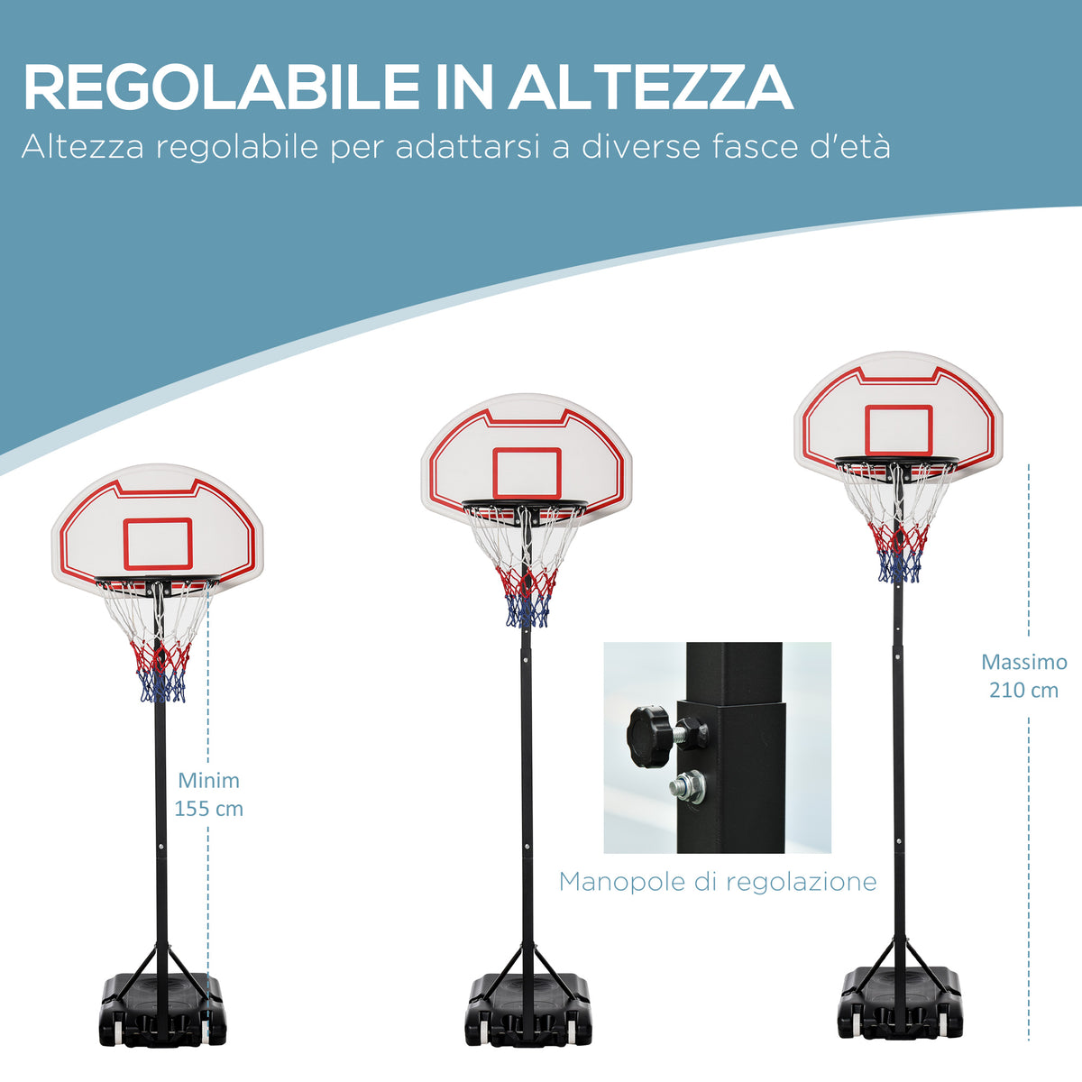 Canestro da Basket da Esterno con Supporto e Altezza Regolabile in Acciaio, 73x49x194-249 cm