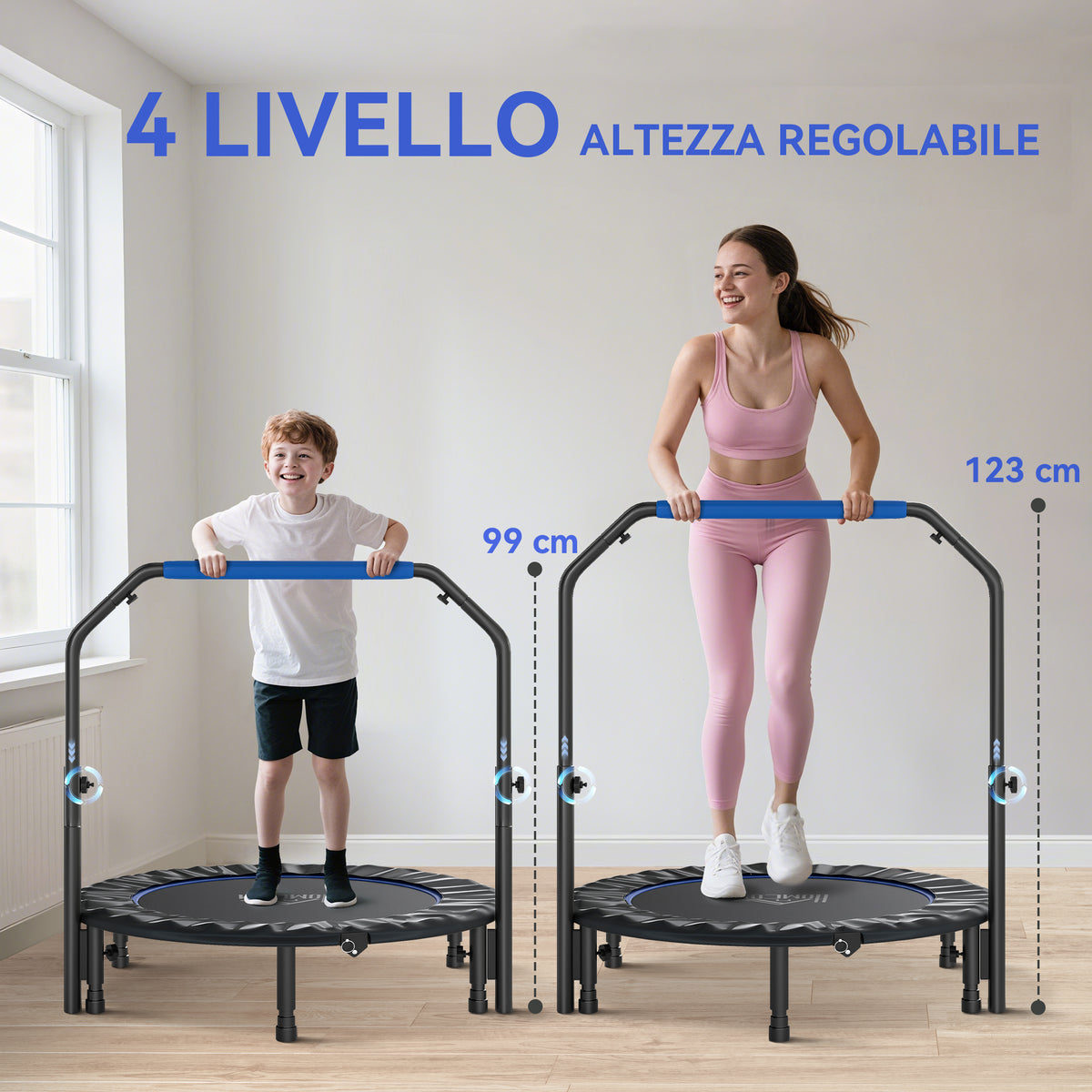 Mini Trampolino Fitness 114 cm Pieghevole con Manubrio Regolabile in Altezza, Blu e Nero
