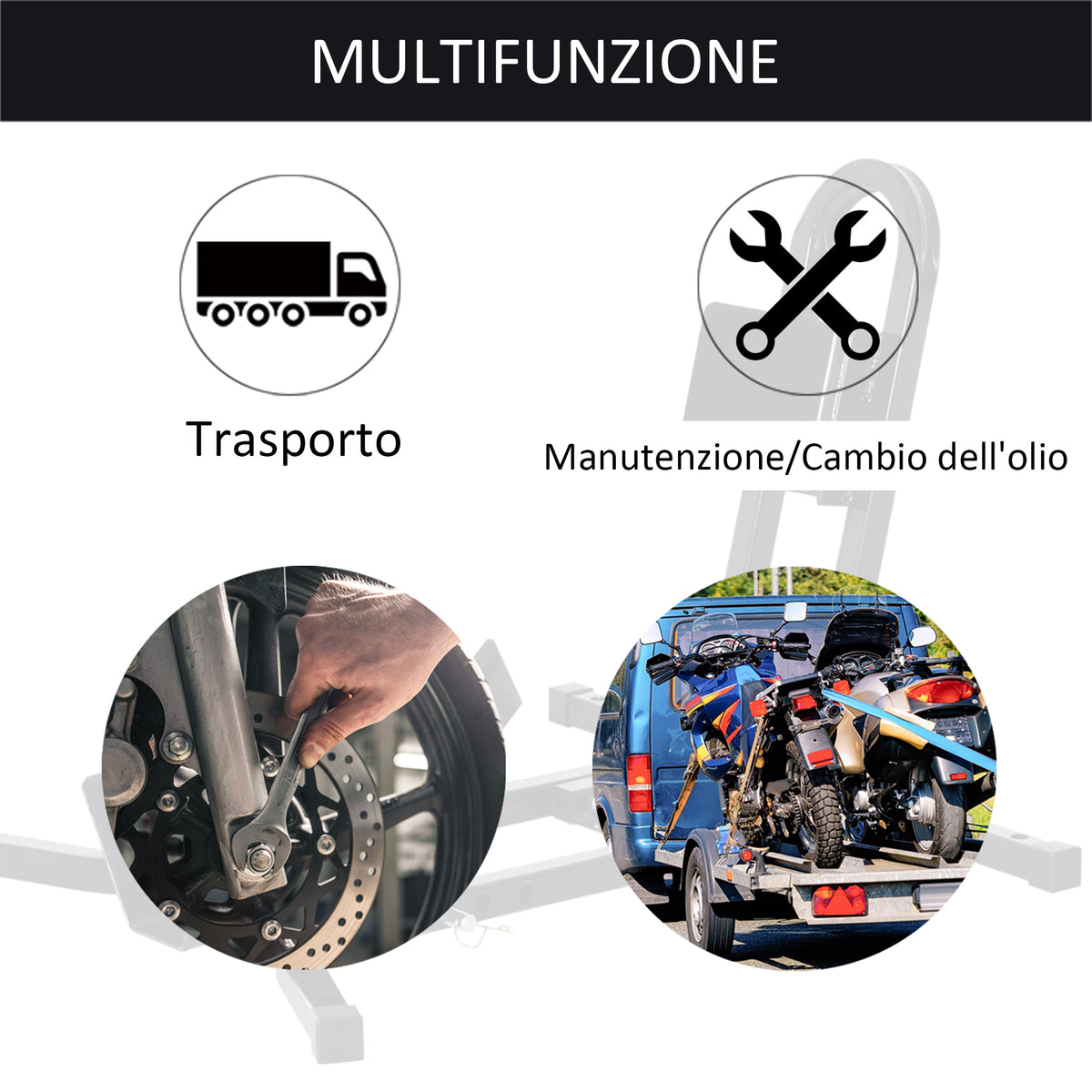 Blocca Ruota Moto Regolabile su 3 Livelli da 250 kg max in Metallo, 60x55x43 cm, Nero