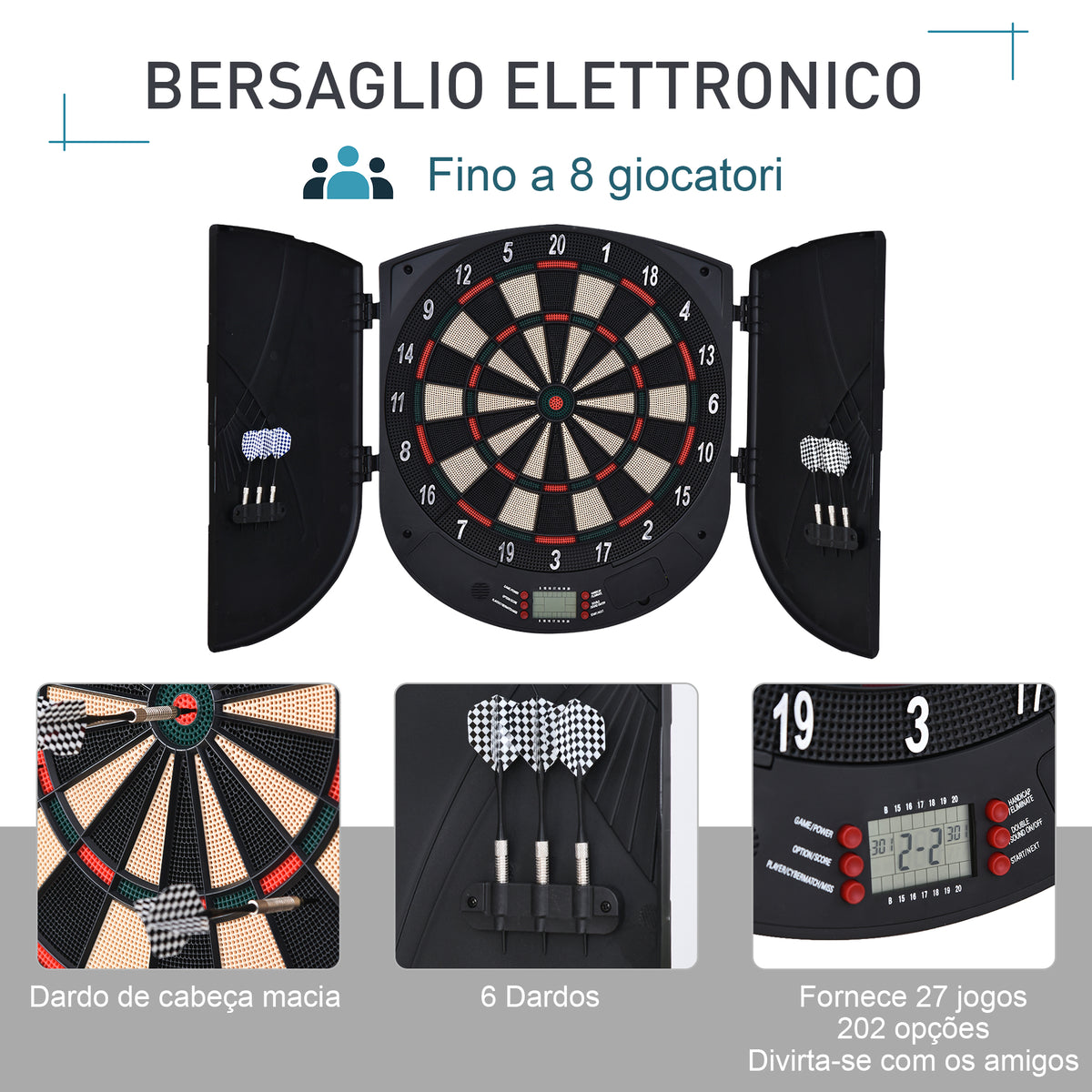 Bersaglio Freccette Elettronico per 8 Giocatori con 6 Freccette, Schermo LCD, 2 Porte e 26 Modalità di Gioco