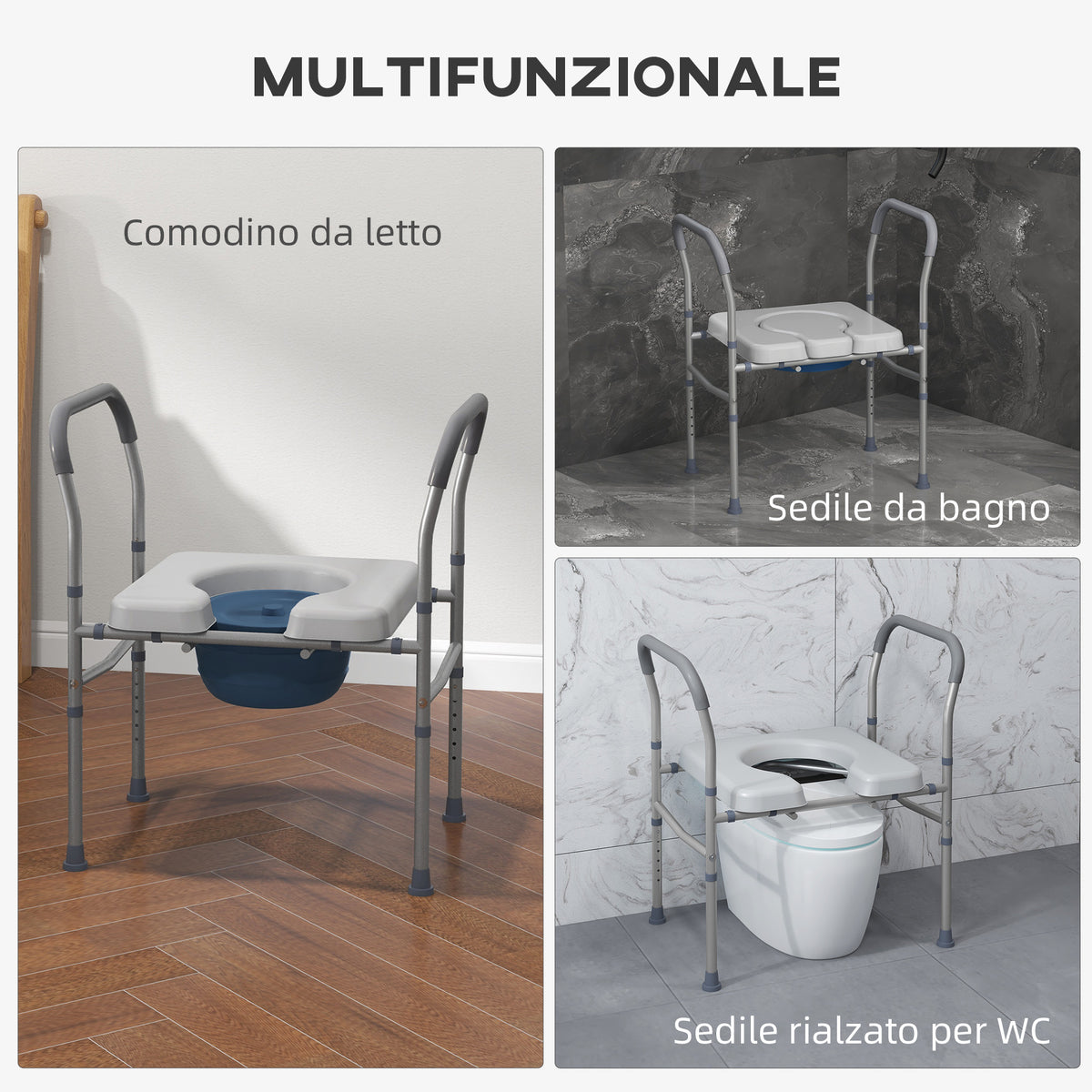 Sedia Comoda WC per Anziani e Disabili 4 in 1 Regolabile in Altezza con Braccioli Imbottiti, Grigio