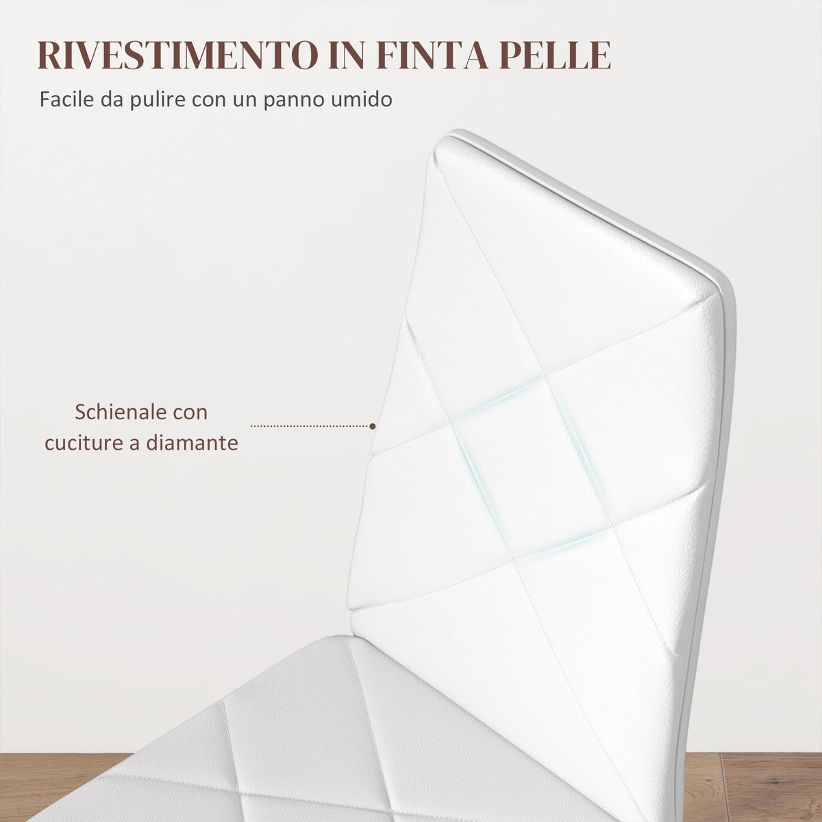 Set di 2 Sedie Moderne imbottite da Pranzo con Schienale Alto, in Pelle e Acciaio,rivestimento a polvere, 41x50x97 cm, Bianco  Italy